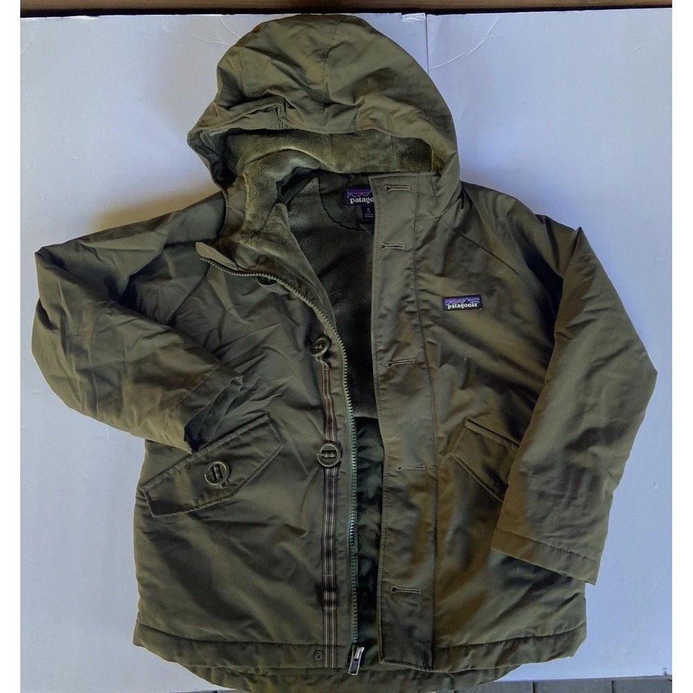Patagonia Unisex Kids Olive Hooded Insulated Zip Fleece-Lined Jacket S 7-8